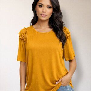 New After Market S Mustard Yellow Ruffle Shoulder Short Sleeve Flowy Blouse Boho